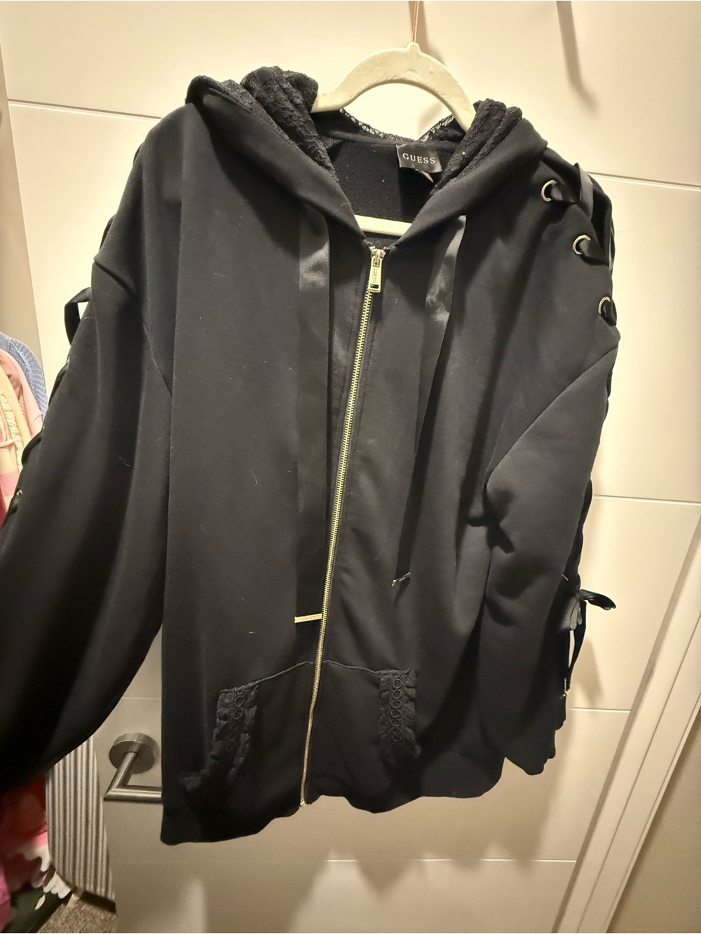 GUESS Black Lace-Trim Hooded Zip Jacket Sz L